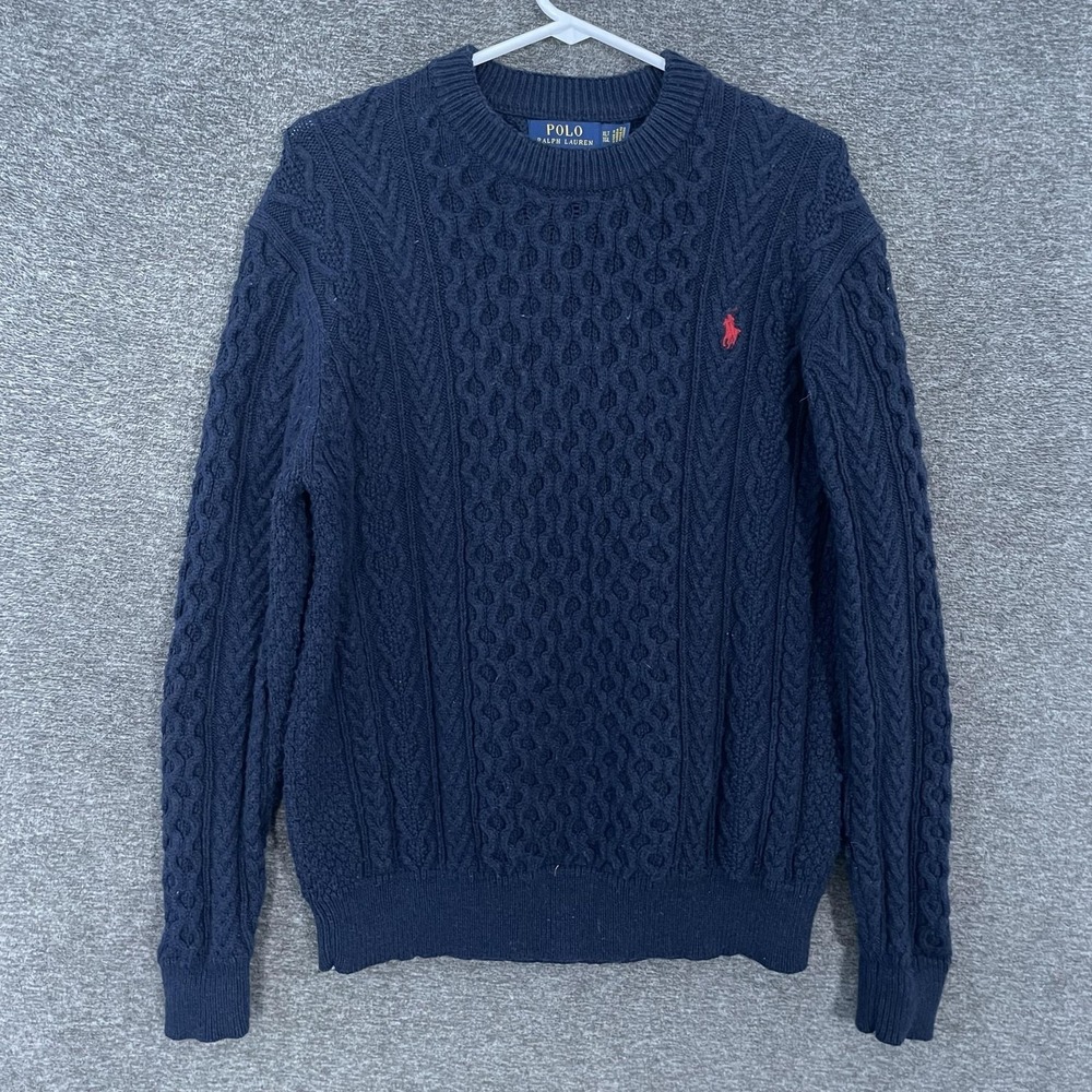 Polo Ralph‎ Lauren Sweater Mens XLT Blue Cotton Cable Fisherman Knit Crewneck